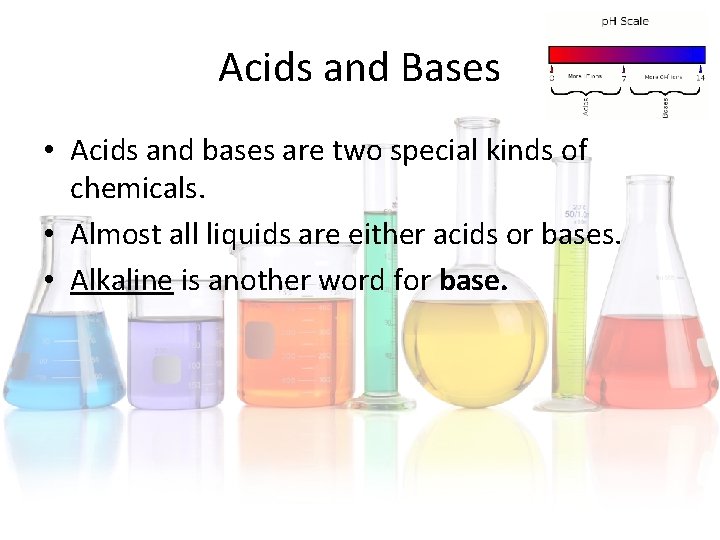 Acids and Bases • Acids and bases are two special kinds of chemicals. • Acids and Bases • Acids and bases are two special kinds of chemicals. •