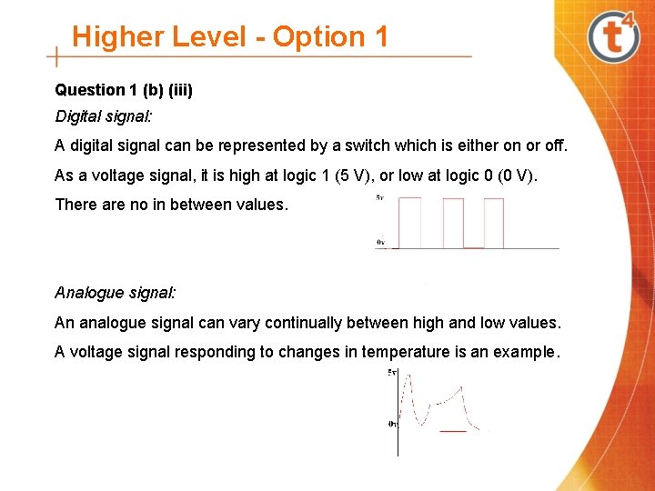 Higher Level - Option 1 Question 1 (b) (iii) Digital signal: A digital signal