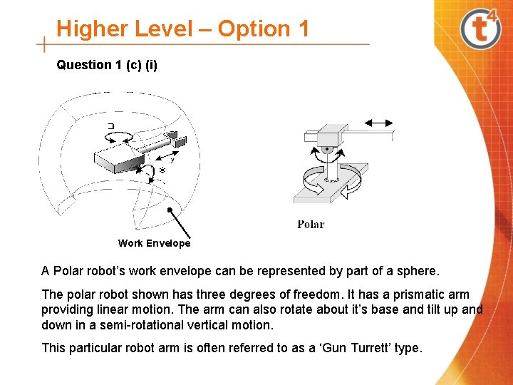 Higher Level – Option 1 Question 1 (c) (i) Work Envelope A Polar robot’s