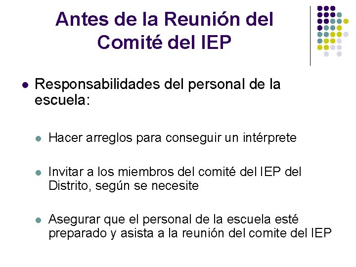 Antes de la Reunión del Comité del IEP l Responsabilidades del personal de la