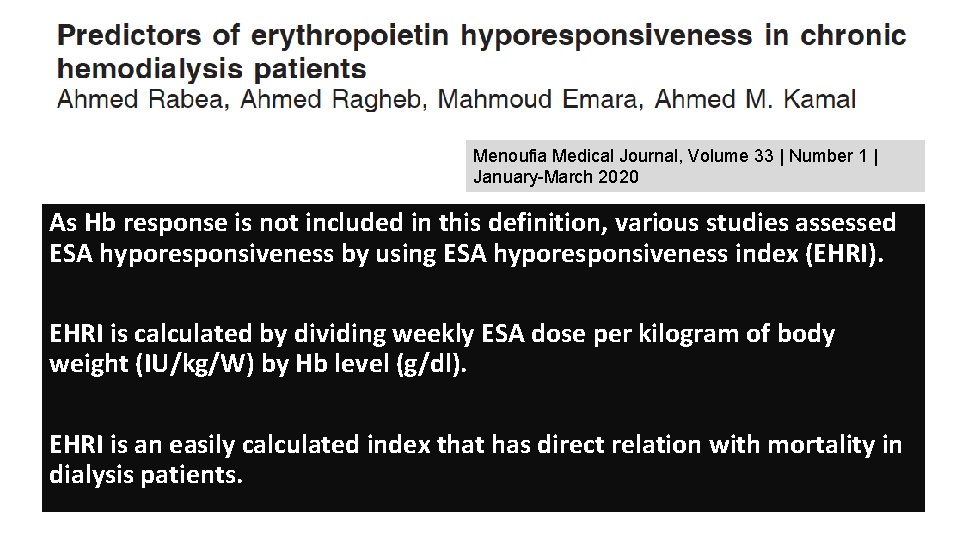 Menoufia Medical Journal, Volume 33 | Number 1 | January-March 2020 As Hb response