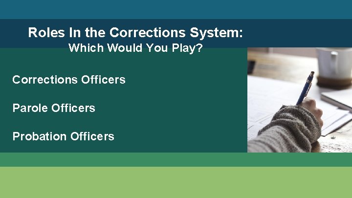 Roles In the Corrections System: Which Would You Play? Corrections Officers Parole Officers Probation