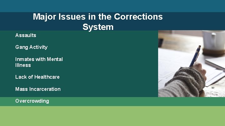 Major Issues in the Corrections System Assaults Gang Activity Inmates with Mental Illness Lack