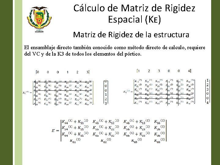 Cálculo de Matriz de Rigidez Espacial (KE) Matriz de Rigidez de la estructura El