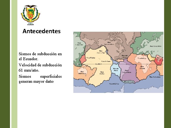 Antecedentes Sismos de subducción en el Ecuador. Velocidad de subducción 61 mm/año. Sismos superficiales