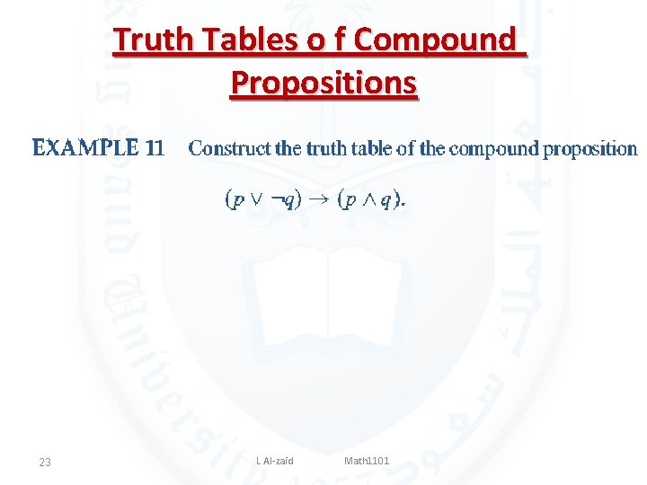 Truth Tables o f Compound Propositions 23 L Al-zaid Math 1101 