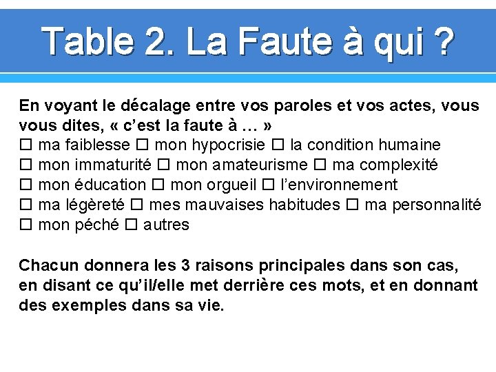 Table 2. La Faute à qui ? En voyant le décalage entre vos paroles