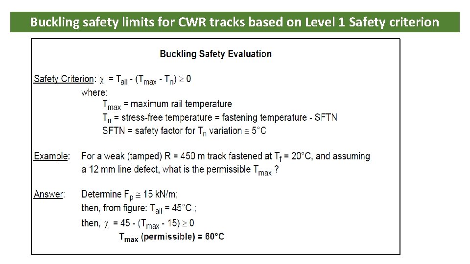 Buckling safety limits for CWR tracks based on Level 1 Safety criterion 