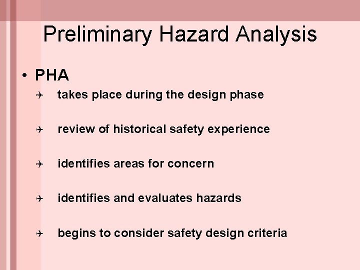 Preliminary Hazard Analysis • PHA Q takes place during the design phase Q review