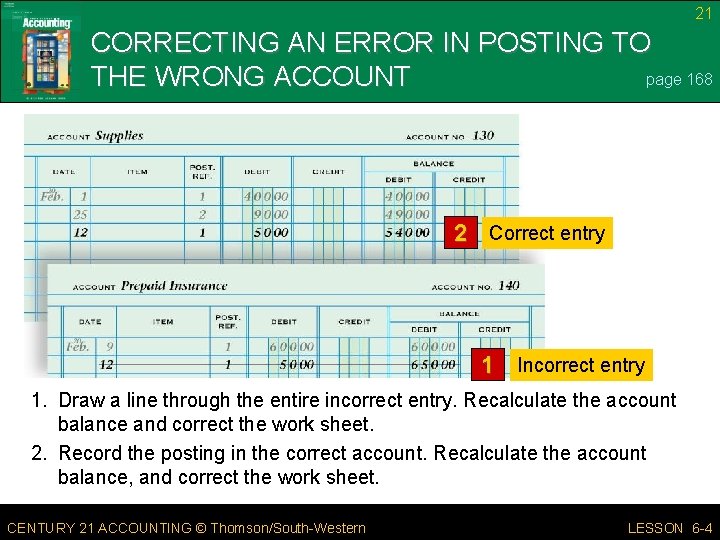 21 CORRECTING AN ERROR IN POSTING TO page 168 THE WRONG ACCOUNT 2 Correct