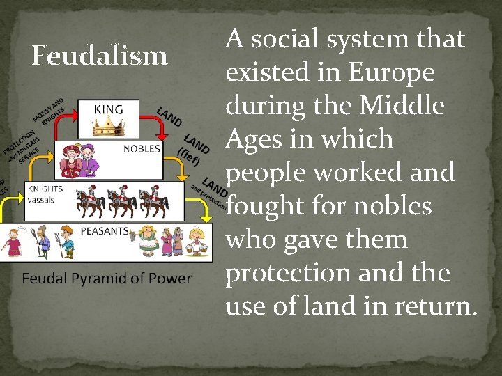 Feudalism A social system that existed in Europe during the Middle Ages in which