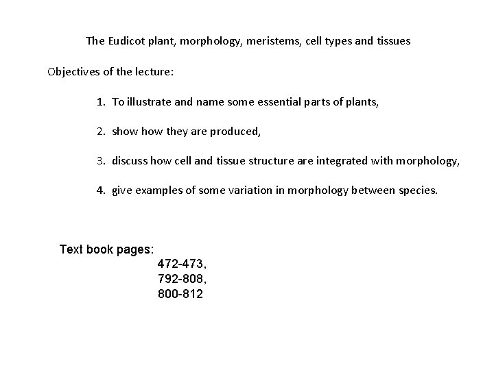 The Eudicot plant, morphology, meristems, cell types and tissues Objectives of the lecture: 1.