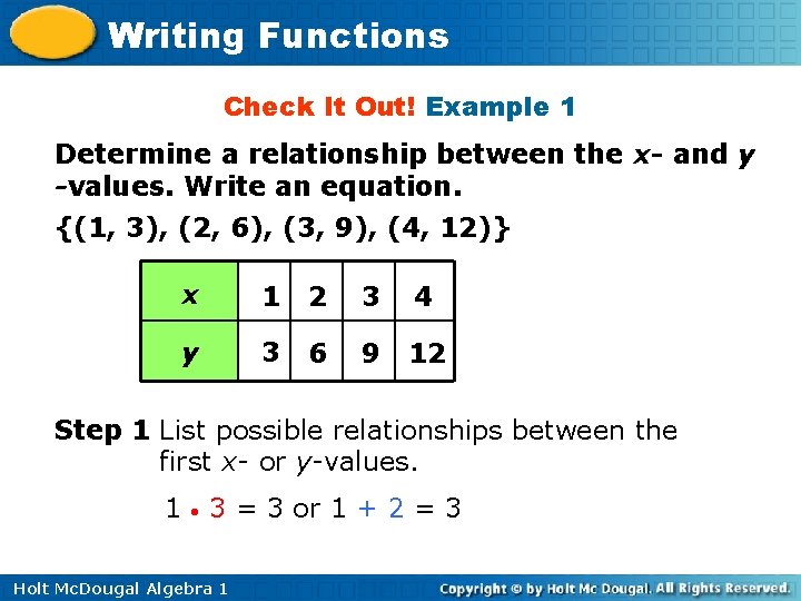 Writing Functions Check It Out! Example 1 Determine a relationship between the x- and