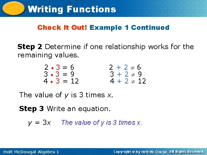 Writing Functions Check It Out! Example 1 Continued Step 2 Determine if one relationship