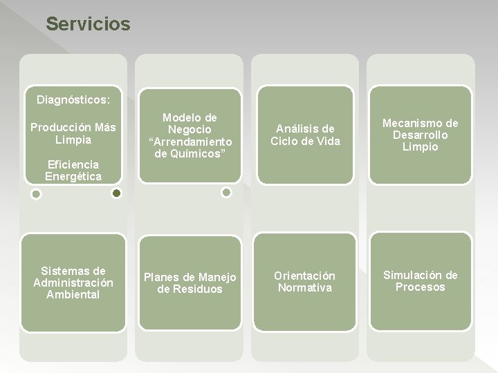 Servicios Diagnósticos: Producción Más Limpia Eficiencia Energética Sistemas de Administración Ambiental Modelo de Negocio