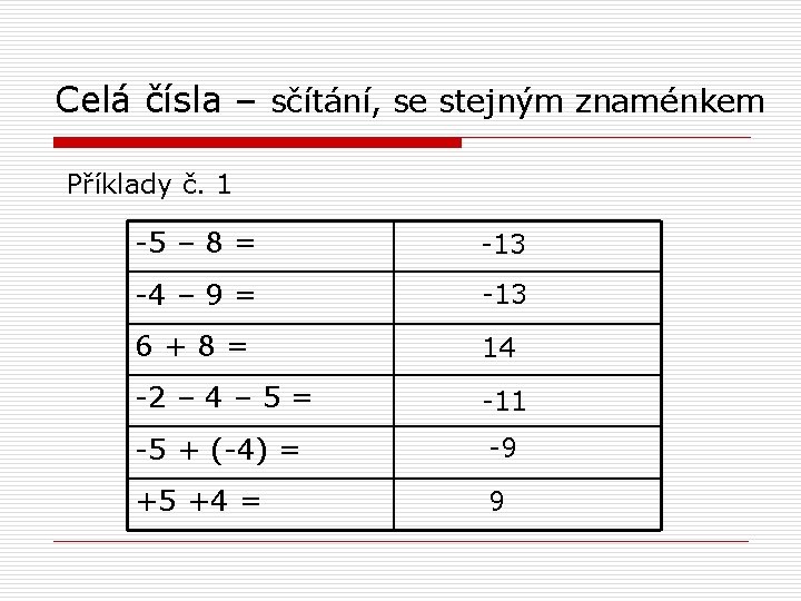 Celá čísla – sčítání, se stejným znaménkem Příklady č. 1 -5 – 8 =