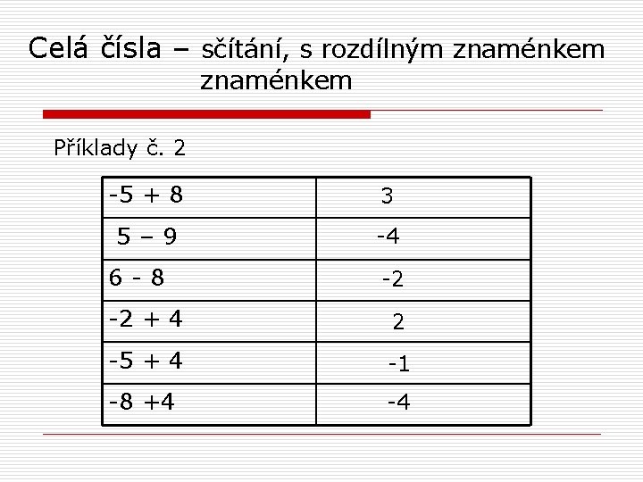 Celá čísla – sčítání, s rozdílným znaménkem Příklady č. 2 -5 + 8 3