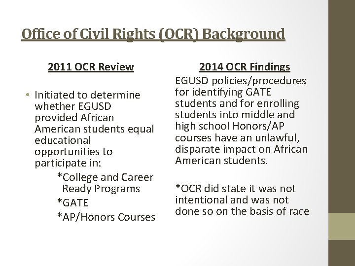Office of Civil Rights (OCR) Background 2011 OCR Review • Initiated to determine whether