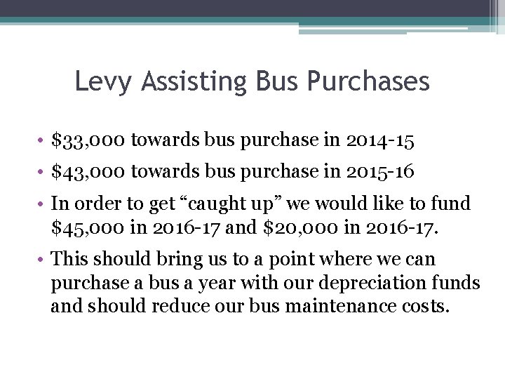 Levy Assisting Bus Purchases • $33, 000 towards bus purchase in 2014 -15 •