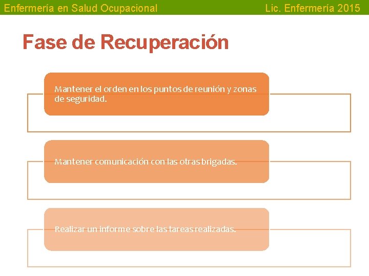 Enfermería en Salud Ocupacional Fase de Recuperación Mantener el orden en los puntos de