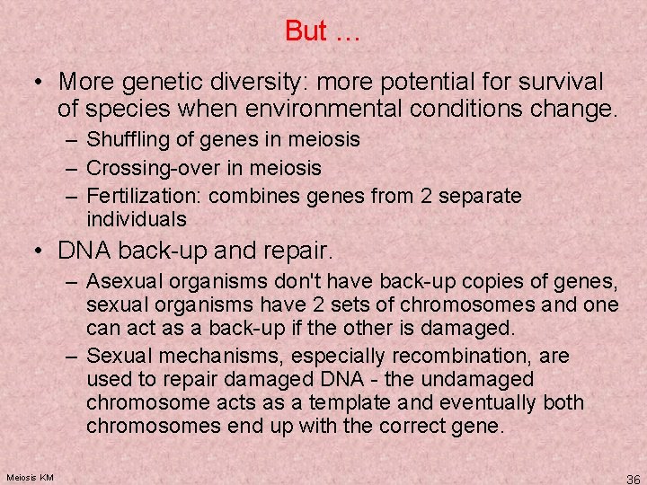 But … • More genetic diversity: more potential for survival of species when environmental