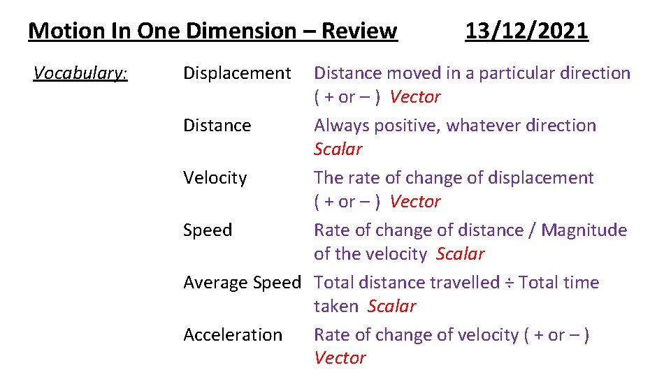 Motion In One Dimension – Review Vocabulary: Displacement 13/12/2021 Distance moved in a particular