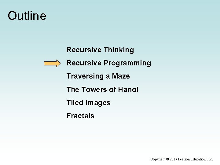 Outline Recursive Thinking Recursive Programming Traversing a Maze The Towers of Hanoi Tiled Images