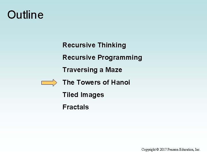 Outline Recursive Thinking Recursive Programming Traversing a Maze The Towers of Hanoi Tiled Images