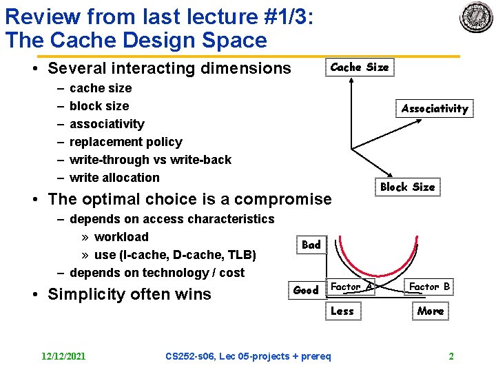 Review from last lecture #1/3: The Cache Design Space • Several interacting dimensions –