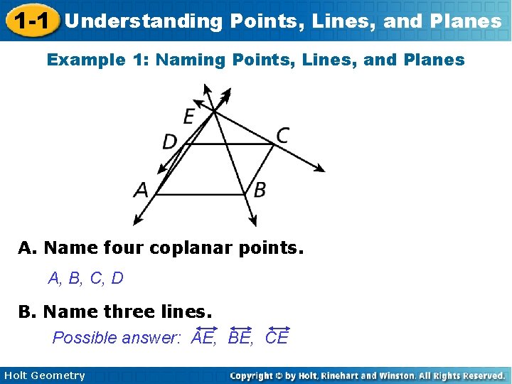 1 -1 Understanding Points, Lines, and Planes Example 1: Naming Points, Lines, and Planes