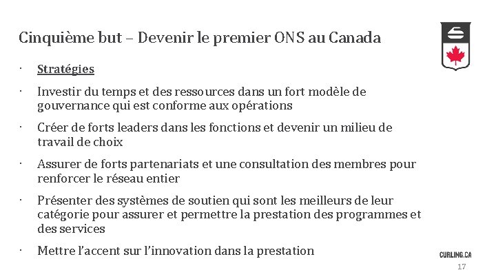 Cinquième but – Devenir le premier ONS au Canada · Stratégies · Investir du