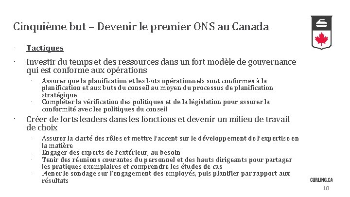 Cinquième but – Devenir le premier ONS au Canada · Tactiques · Investir du