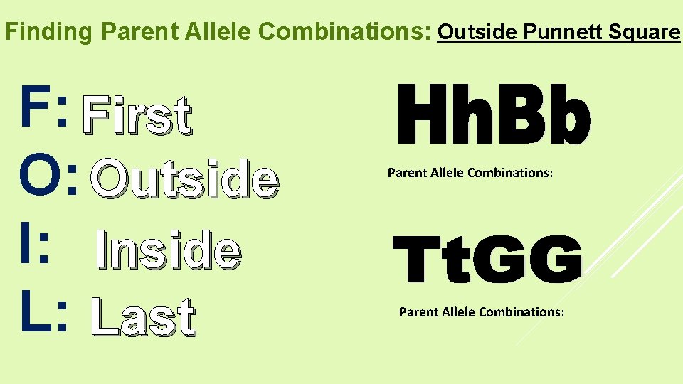 Finding Parent Allele Combinations: Outside Punnett Square F: First O: Outside I: Inside L: