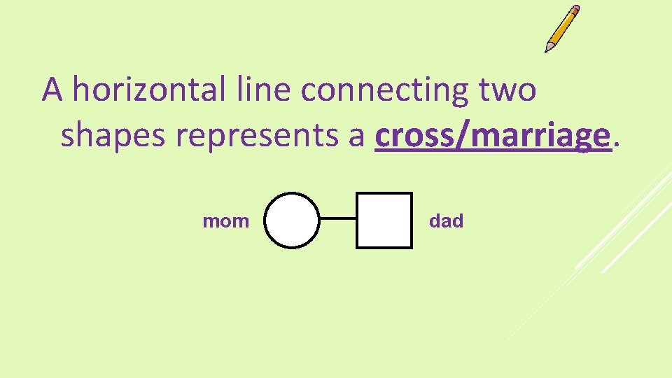 A horizontal line connecting two shapes represents a cross/marriage. mom dad 