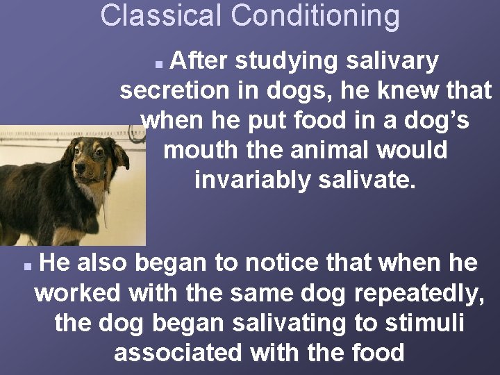 Classical Conditioning After studying salivary secretion in dogs, he knew that when he put