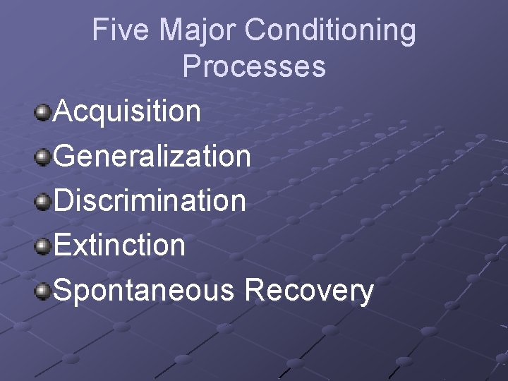 Five Major Conditioning Processes Acquisition Generalization Discrimination Extinction Spontaneous Recovery 