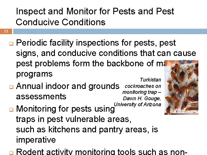 Inspect and Monitor for Pests and Pest Conducive Conditions 23 Periodic facility inspections for