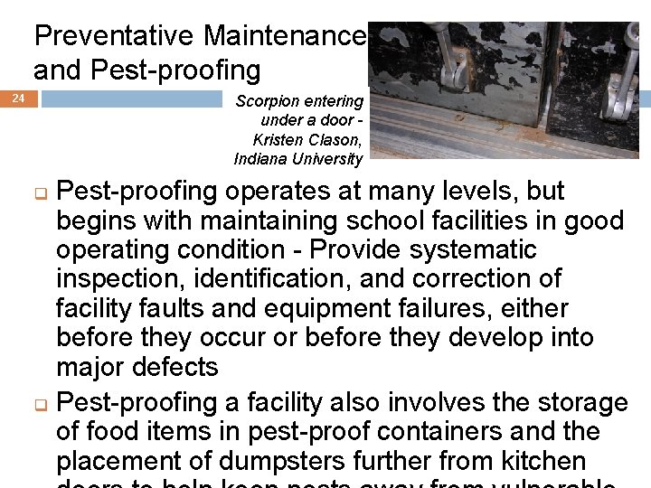 Preventative Maintenance and Pest-proofing Scorpion entering under a door Kristen Clason, Indiana University 24