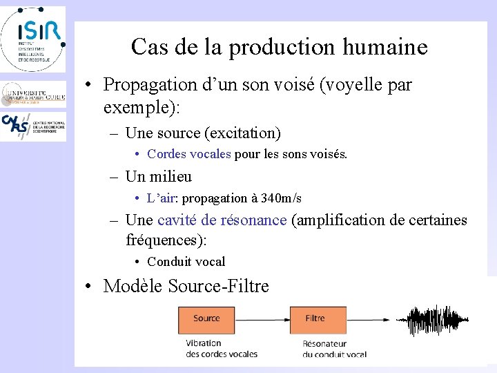 Cas de la production humaine • Propagation d’un son voisé (voyelle par exemple): –