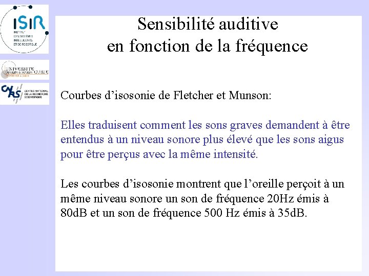 Sensibilité auditive en fonction de la fréquence Courbes d’isosonie de Fletcher et Munson: Elles