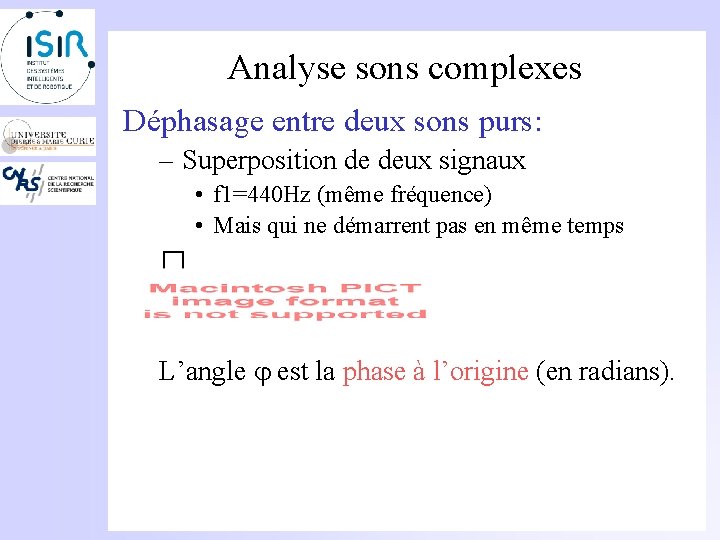 Analyse sons complexes Déphasage entre deux sons purs: – Superposition de deux signaux •