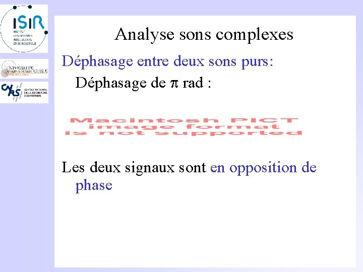 Analyse sons complexes Déphasage entre deux sons purs: Déphasage de rad : Les deux