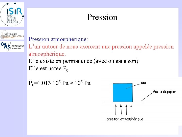 Pression atmosphérique: L’air autour de nous exercent une pression appelée pression atmosphérique. Elle existe