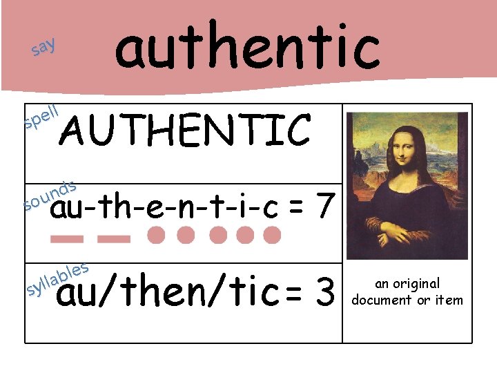 say authentic ll e p s AUTHENTIC s d n sou au-th-e-n-t-i-c = 7