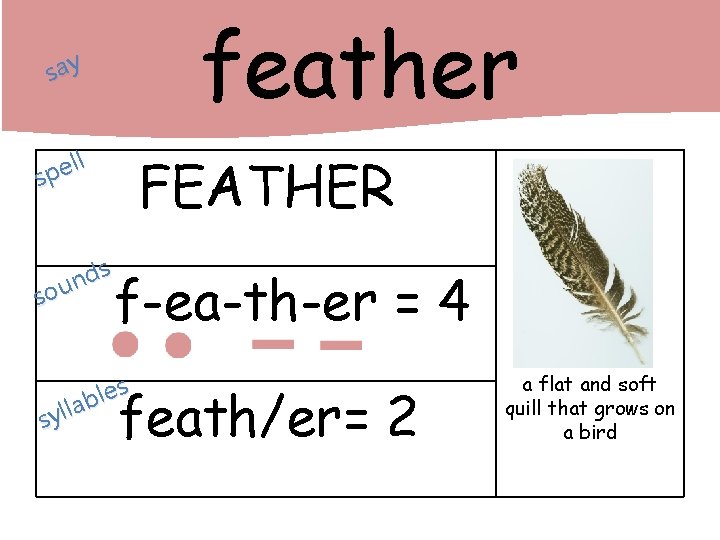 feather say ll e p s s d n sou FEATHER f-ea-th-er = 4