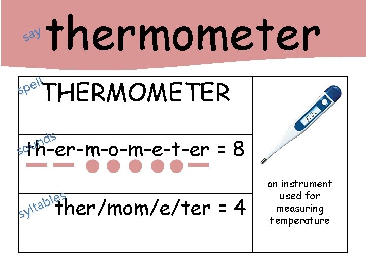 say thermometer ll e p s THERMOMETER s d n sou th-er-m-o-m-e-t-er = 8