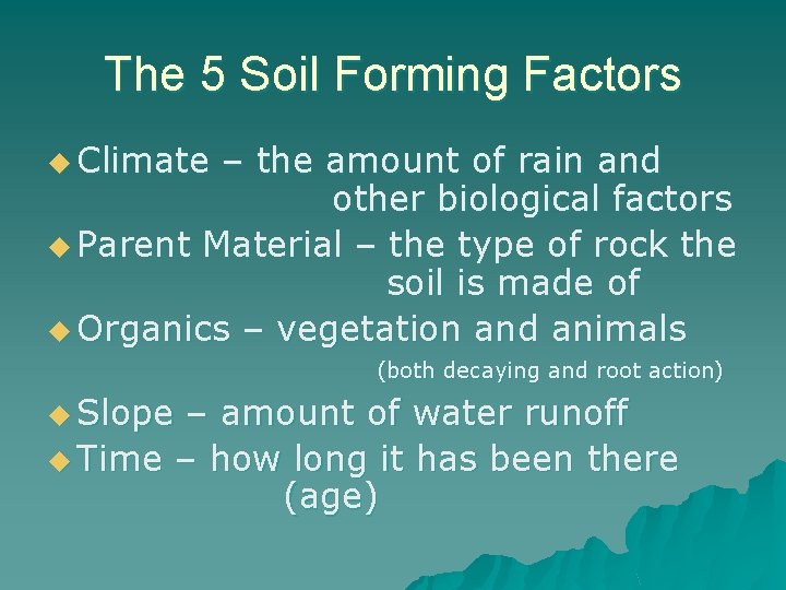 The 5 Soil Forming Factors u Climate – the amount of rain and other