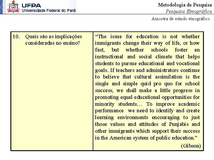 Metodologia de Pesquisa Etnográfica Amostra de estudo etnográfico 10. Quais são as implicações consideradas