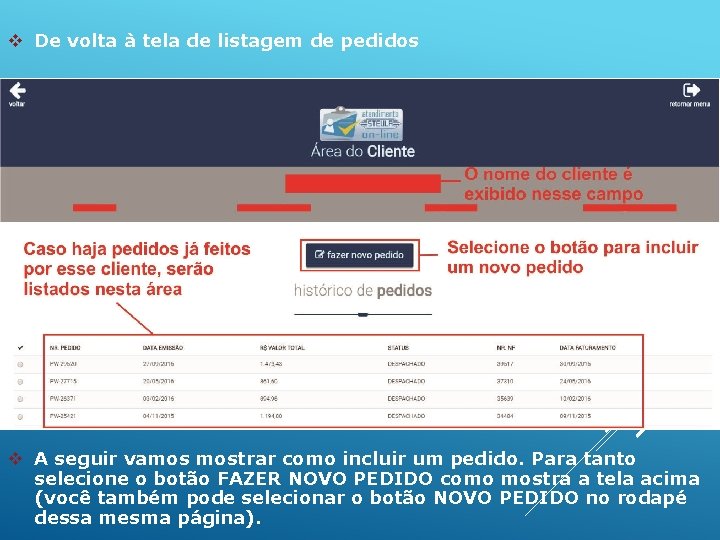 v De volta à tela de listagem de pedidos v A seguir vamos mostrar