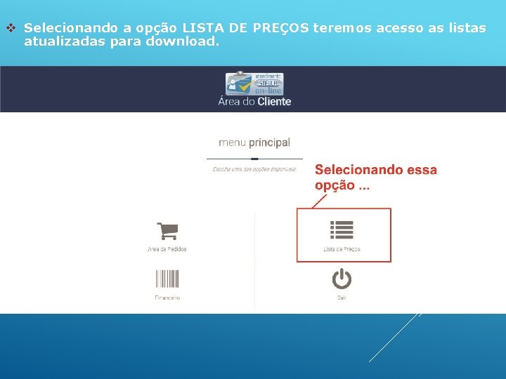 v Selecionando a opção LISTA DE PREÇOS teremos acesso as listas atualizadas para download.